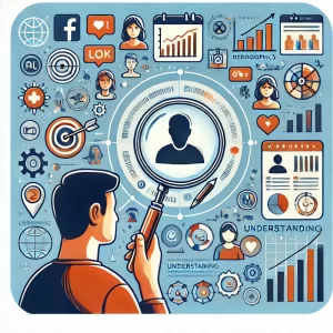 Illustration of a person studying a detailed profile of their target audience with a magnifying glass, surrounded by icons representing demographics, interests, and behaviors, emphasizing the importance of understanding your audience in digital marketing.