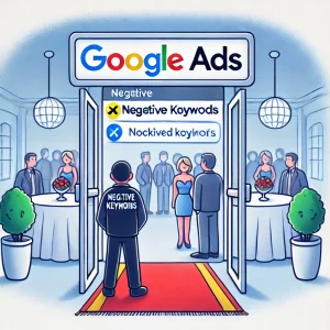 Illustration of a bouncer standing at the entrance of a party, symbolizing negative keywords in Google Ads. The bouncer is blocking irrelevant or unwanted guests (keywords) from entering, while the party inside represents targeted traffic.