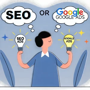 Humorous illustration of a person holding two items labeled 'SEO' and 'Google Ads,' with a thought bubble initially showing confusion and then transforming into a light bulb moment as the person decides to keep both items, symbolizing the benefits of combining SEO and Google Ads.